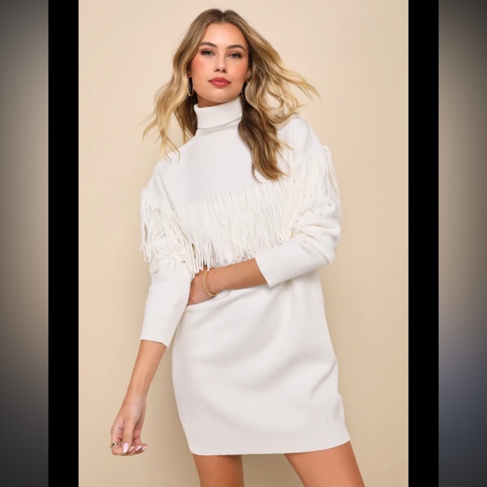 NWOT Lulus Cozy Obsession Ivory Turtleneck Fringe‎ Mini Sweater Dress knit boho